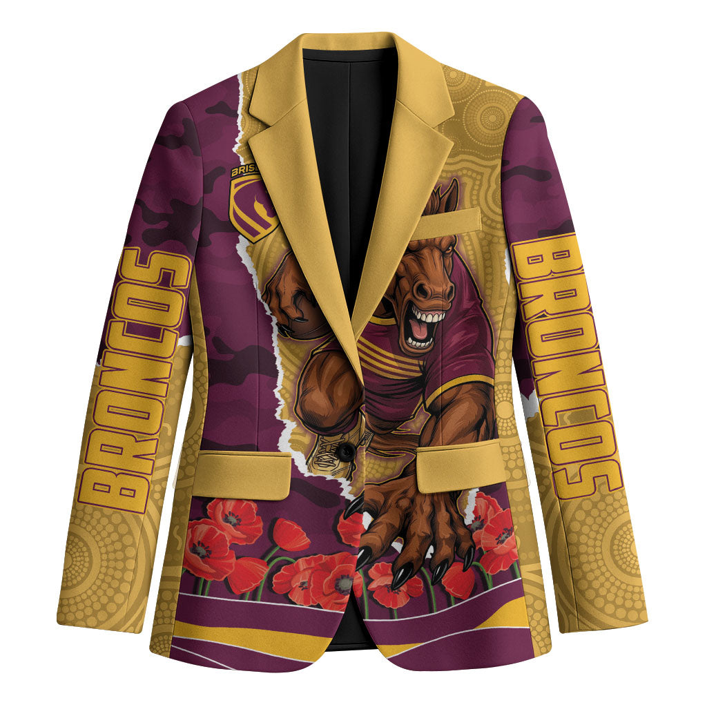 Personalized Brisbane Broncos ANZAC Tribute Blazer Poppy Field Soldier Silhouette Aboriginal Rugby Mascot