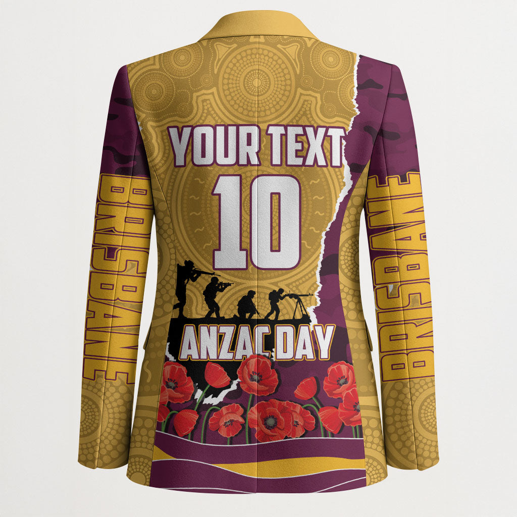 Personalized Brisbane Broncos ANZAC Tribute Blazer Poppy Field Soldier Silhouette Aboriginal Rugby Mascot