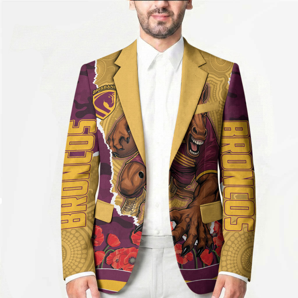Personalized Brisbane Broncos ANZAC Tribute Blazer Poppy Field Soldier Silhouette Aboriginal Rugby Mascot