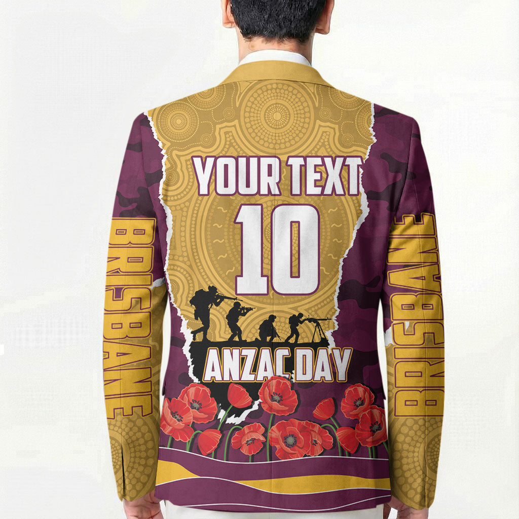 Personalized Brisbane Broncos ANZAC Tribute Blazer Poppy Field Soldier Silhouette Aboriginal Rugby Mascot