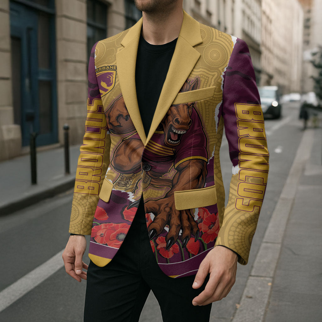 Personalized Brisbane Broncos ANZAC Tribute Blazer Poppy Field Soldier Silhouette Aboriginal Rugby Mascot