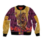 Personalized Brisbane Broncos ANZAC Tribute Bomber Jacket Poppy Field Soldier Silhouette Aboriginal Rugby Mascot