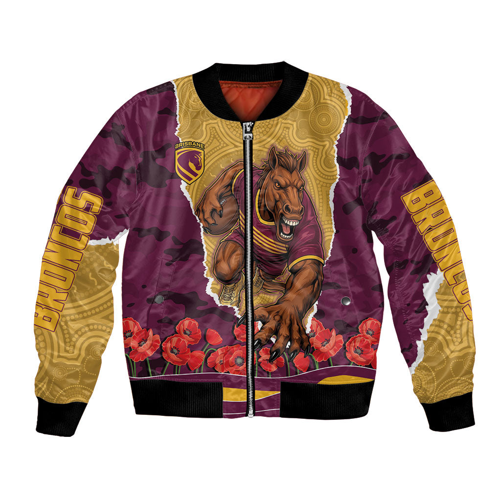 Personalized Brisbane Broncos ANZAC Tribute Bomber Jacket Poppy Field Soldier Silhouette Aboriginal Rugby Mascot