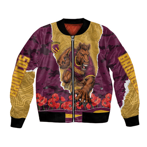 Personalized Brisbane Broncos ANZAC Tribute Bomber Jacket Poppy Field Soldier Silhouette Aboriginal Rugby Mascot