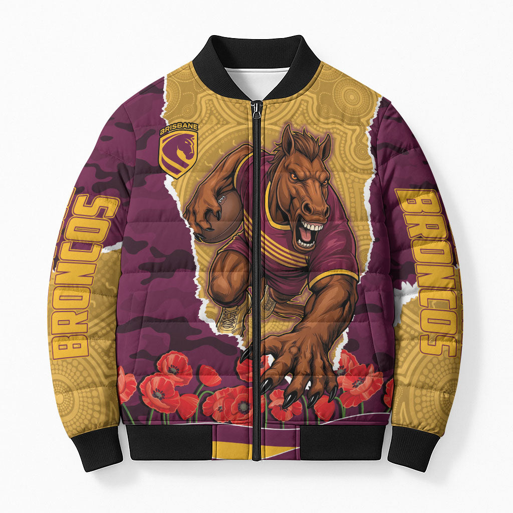 Personalized Brisbane Broncos ANZAC Tribute Bomber Puffer Jacket Poppy Field Soldier Silhouette Aboriginal Rugby Mascot