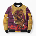 Personalized Brisbane Broncos ANZAC Tribute Bomber Puffer Jacket Poppy Field Soldier Silhouette Aboriginal Rugby Mascot