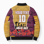 Personalized Brisbane Broncos ANZAC Tribute Bomber Puffer Jacket Poppy Field Soldier Silhouette Aboriginal Rugby Mascot