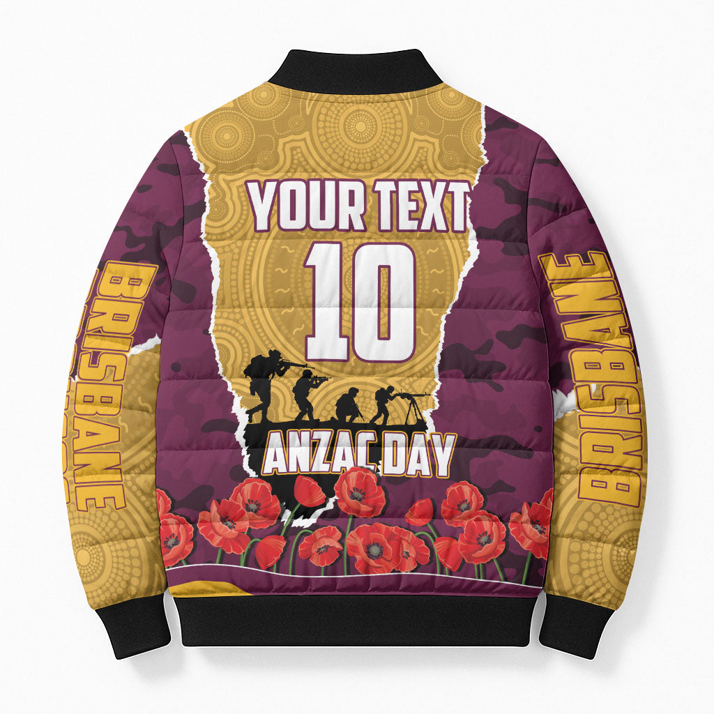 Personalized Brisbane Broncos ANZAC Tribute Bomber Puffer Jacket Poppy Field Soldier Silhouette Aboriginal Rugby Mascot