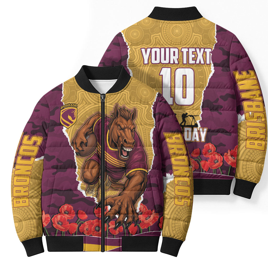 Personalized Brisbane Broncos ANZAC Tribute Bomber Puffer Jacket Poppy Field Soldier Silhouette Aboriginal Rugby Mascot