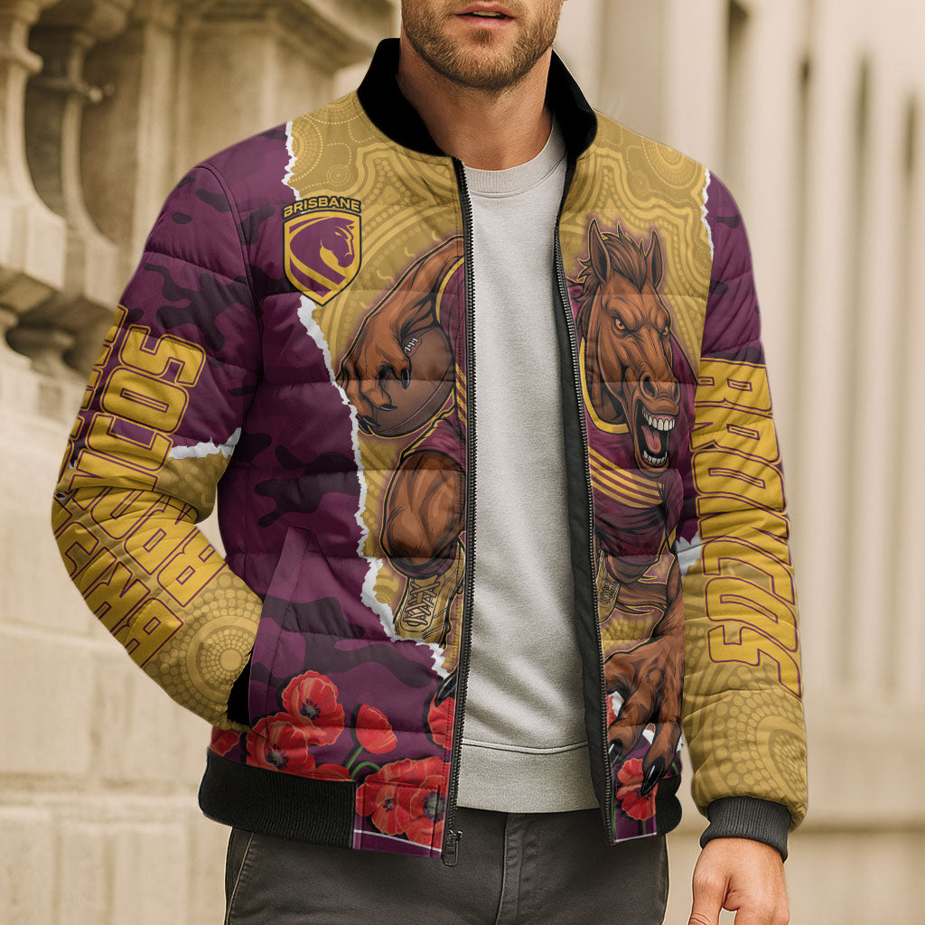Personalized Brisbane Broncos ANZAC Tribute Bomber Puffer Jacket Poppy Field Soldier Silhouette Aboriginal Rugby Mascot