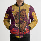 Personalized Brisbane Broncos ANZAC Tribute Bomber Puffer Jacket Poppy Field Soldier Silhouette Aboriginal Rugby Mascot