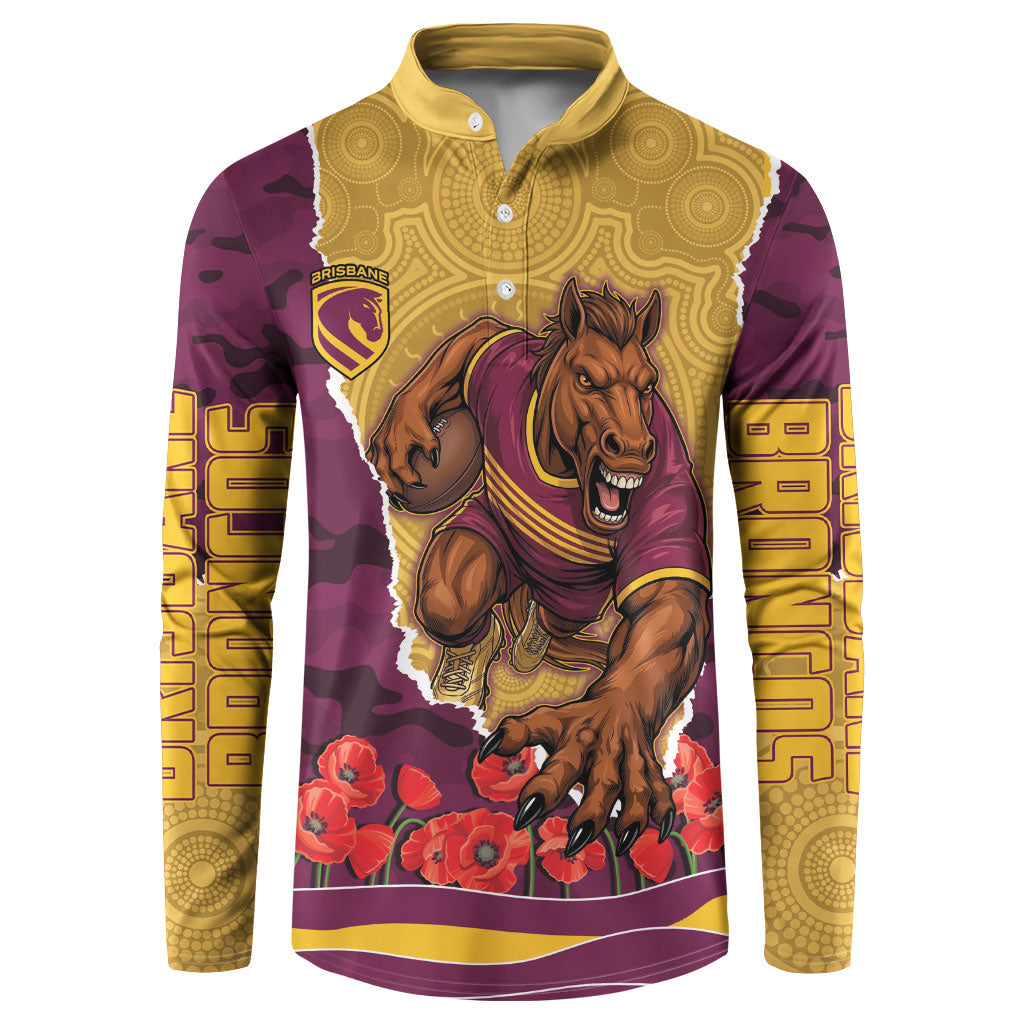 Personalized Brisbane Broncos ANZAC Tribute Button Sweatshirt Poppy Field Soldier Silhouette Aboriginal Rugby Mascot