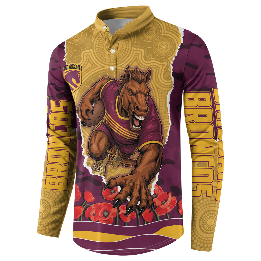 Personalized Brisbane Broncos ANZAC Tribute Button Sweatshirt Poppy Field Soldier Silhouette Aboriginal Rugby Mascot