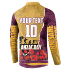 Personalized Brisbane Broncos ANZAC Tribute Button Sweatshirt Poppy Field Soldier Silhouette Aboriginal Rugby Mascot