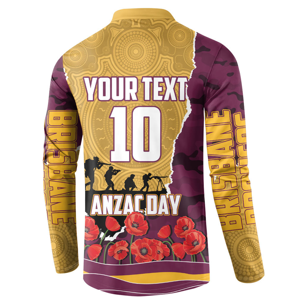 Personalized Brisbane Broncos ANZAC Tribute Button Sweatshirt Poppy Field Soldier Silhouette Aboriginal Rugby Mascot