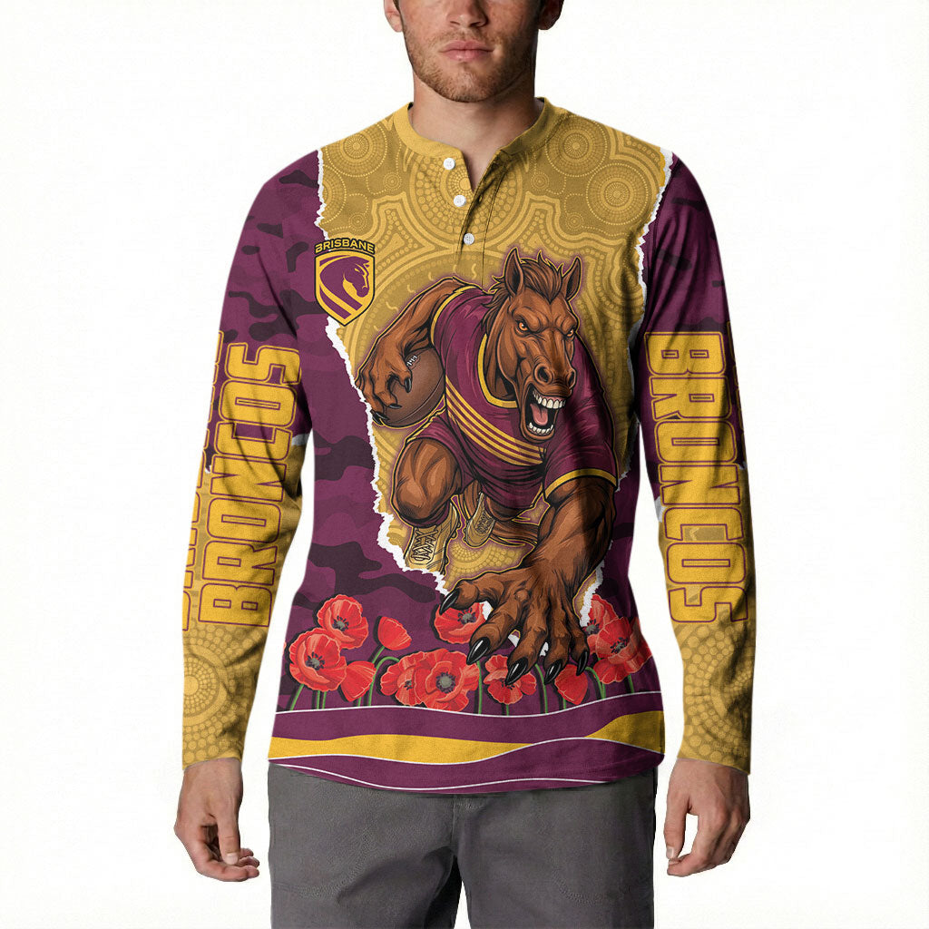 Personalized Brisbane Broncos ANZAC Tribute Button Sweatshirt Poppy Field Soldier Silhouette Aboriginal Rugby Mascot