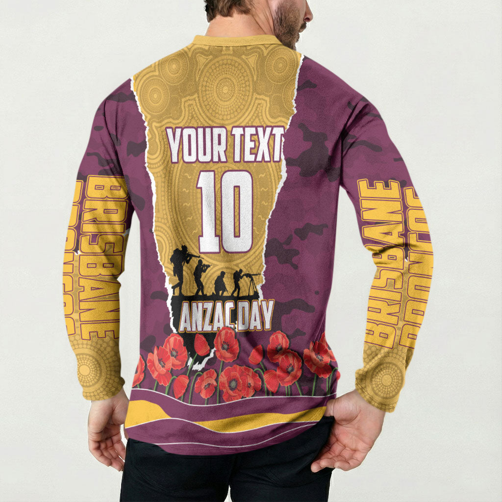 Personalized Brisbane Broncos ANZAC Tribute Button Sweatshirt Poppy Field Soldier Silhouette Aboriginal Rugby Mascot