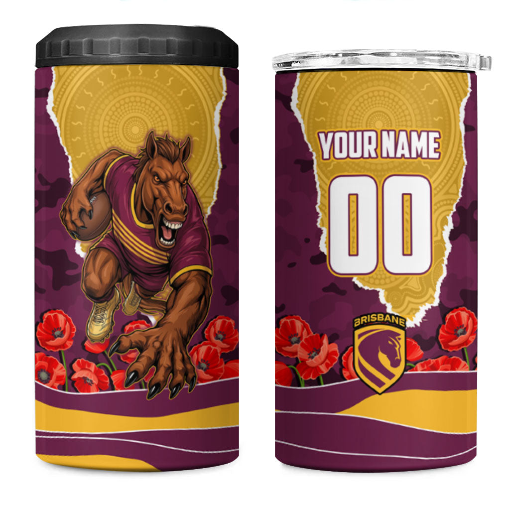 Personalized Brisbane Broncos ANZAC Tribute 4 in 1 Can Cooler Tumbler Poppy Field Soldier Silhouette Aboriginal Rugby Mascot