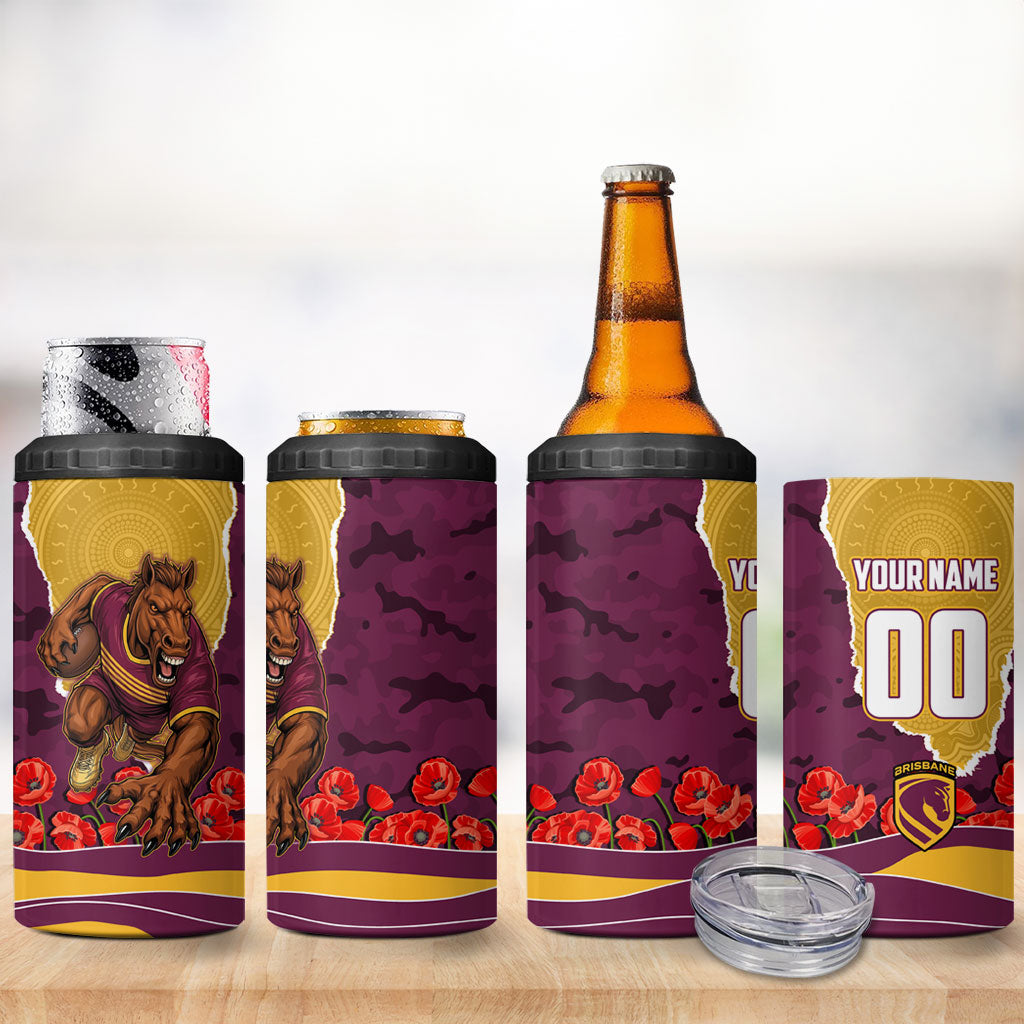 Personalized Brisbane Broncos ANZAC Tribute 4 in 1 Can Cooler Tumbler Poppy Field Soldier Silhouette Aboriginal Rugby Mascot