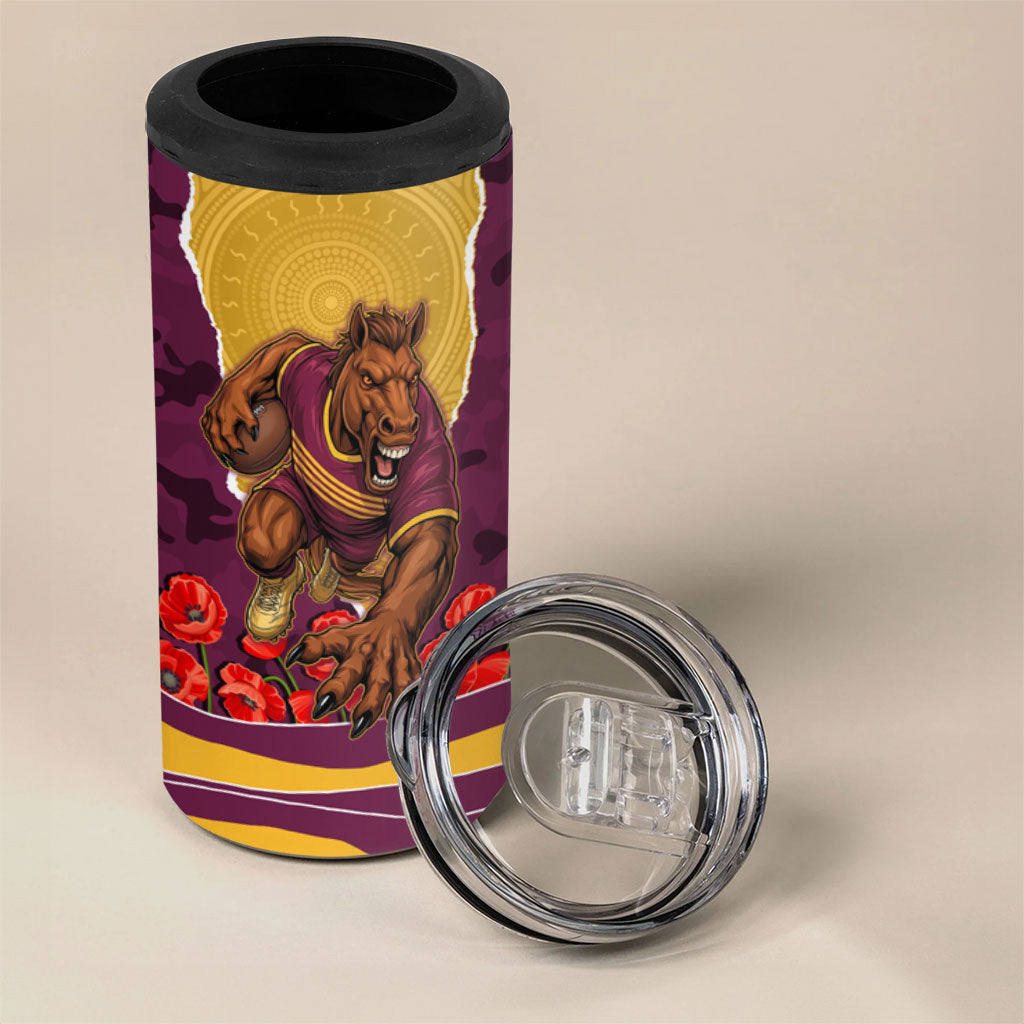 Personalized Brisbane Broncos ANZAC Tribute 4 in 1 Can Cooler Tumbler Poppy Field Soldier Silhouette Aboriginal Rugby Mascot