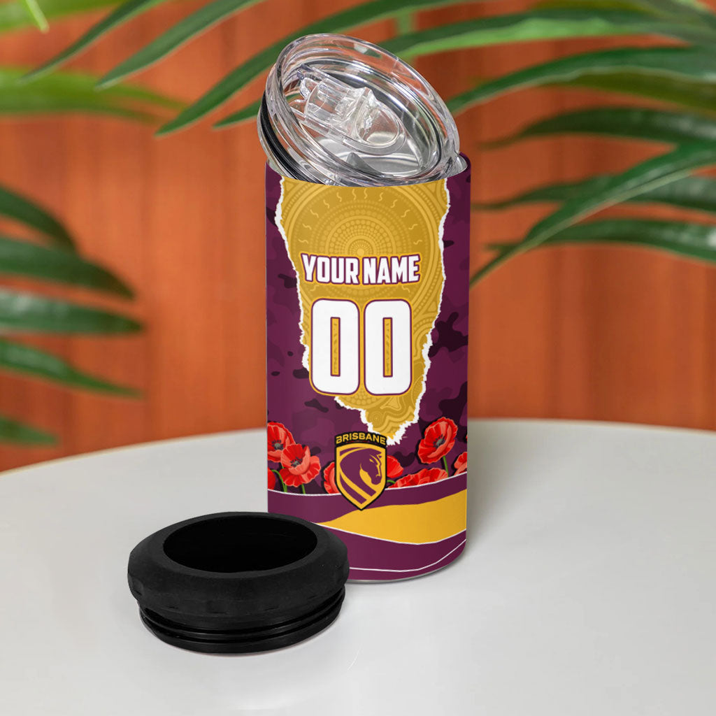 Personalized Brisbane Broncos ANZAC Tribute 4 in 1 Can Cooler Tumbler Poppy Field Soldier Silhouette Aboriginal Rugby Mascot