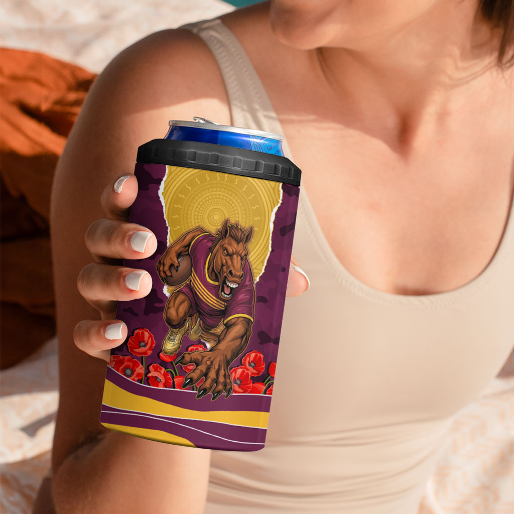 Personalized Brisbane Broncos ANZAC Tribute 4 in 1 Can Cooler Tumbler Poppy Field Soldier Silhouette Aboriginal Rugby Mascot