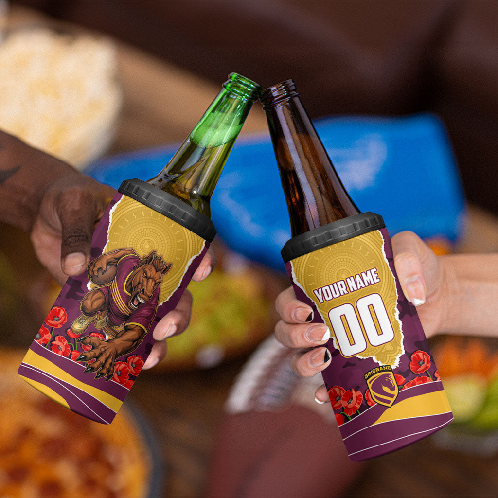 Personalized Brisbane Broncos ANZAC Tribute 4 in 1 Can Cooler Tumbler Poppy Field Soldier Silhouette Aboriginal Rugby Mascot