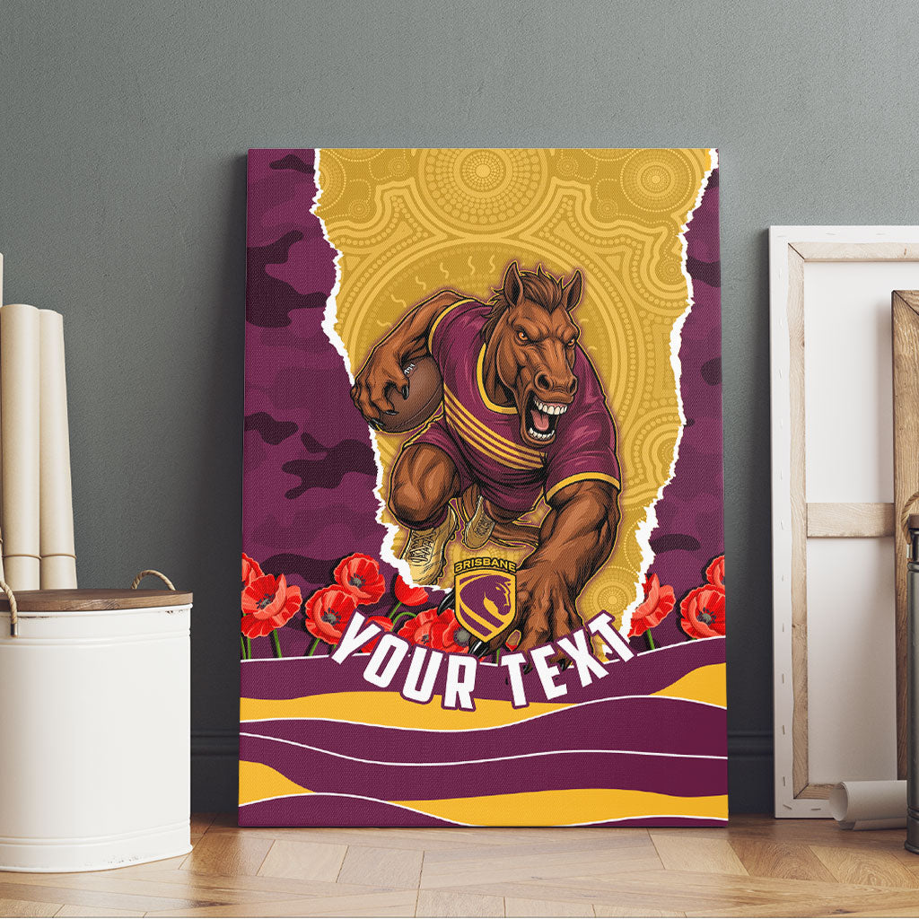 Personalized Brisbane Broncos ANZAC Tribute Canvas Wall Art Poppy Field Soldier Silhouette Aboriginal Rugby Mascot