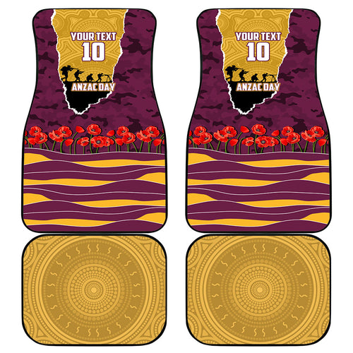 Personalized Brisbane Broncos ANZAC Tribute Car Mats Poppy Field Soldier Silhouette Aboriginal Rugby Mascot