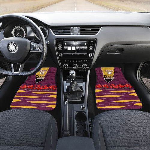 Personalized Brisbane Broncos ANZAC Tribute Car Mats Poppy Field Soldier Silhouette Aboriginal Rugby Mascot