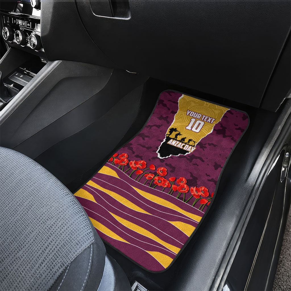 Personalized Brisbane Broncos ANZAC Tribute Car Mats Poppy Field Soldier Silhouette Aboriginal Rugby Mascot