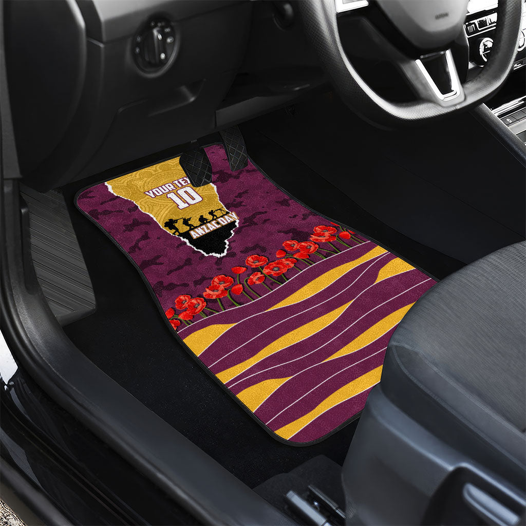 Personalized Brisbane Broncos ANZAC Tribute Car Mats Poppy Field Soldier Silhouette Aboriginal Rugby Mascot