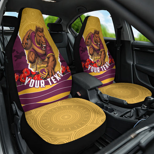 Personalized Brisbane Broncos ANZAC Tribute Car Seat Cover Poppy Field Soldier Silhouette Aboriginal Rugby Mascot