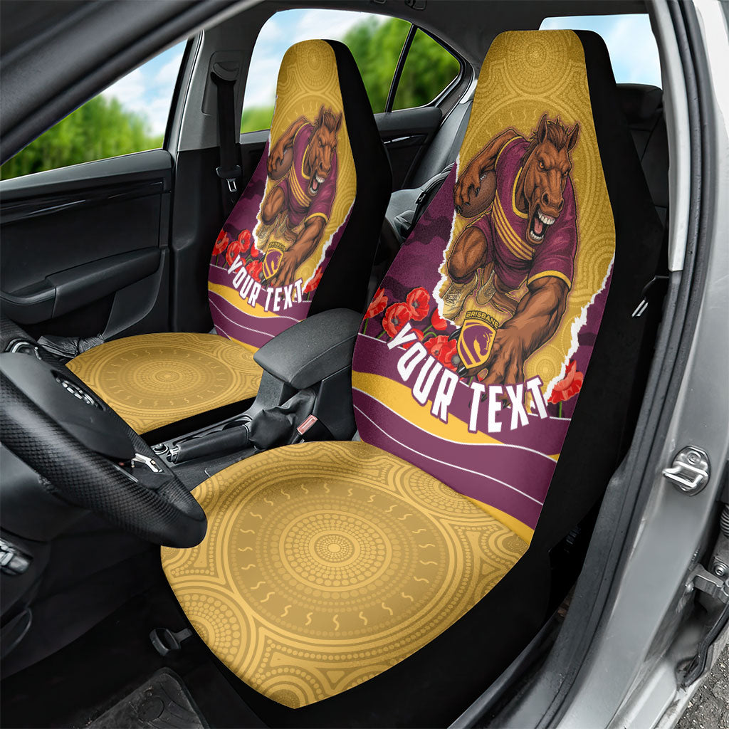 Personalized Brisbane Broncos ANZAC Tribute Car Seat Cover Poppy Field Soldier Silhouette Aboriginal Rugby Mascot