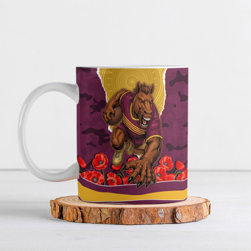 Personalized Brisbane Broncos ANZAC Tribute Ceramic Mug Poppy Field Soldier Silhouette Aboriginal Rugby Mascot
