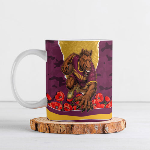 Personalized Brisbane Broncos ANZAC Tribute Ceramic Mug Poppy Field Soldier Silhouette Aboriginal Rugby Mascot