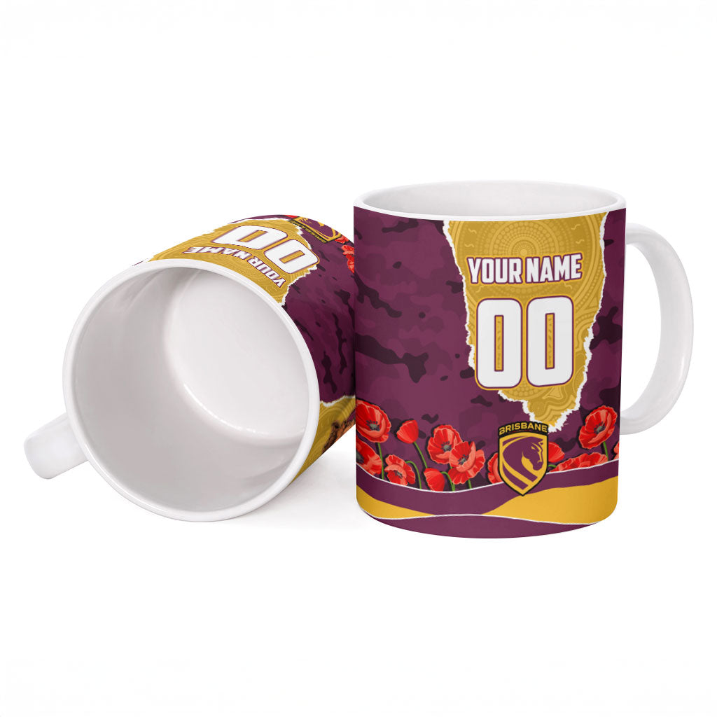 Personalized Brisbane Broncos ANZAC Tribute Ceramic Mug Poppy Field Soldier Silhouette Aboriginal Rugby Mascot