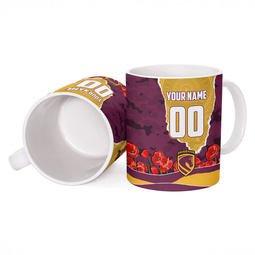 Personalized Brisbane Broncos ANZAC Tribute Ceramic Mug Poppy Field Soldier Silhouette Aboriginal Rugby Mascot