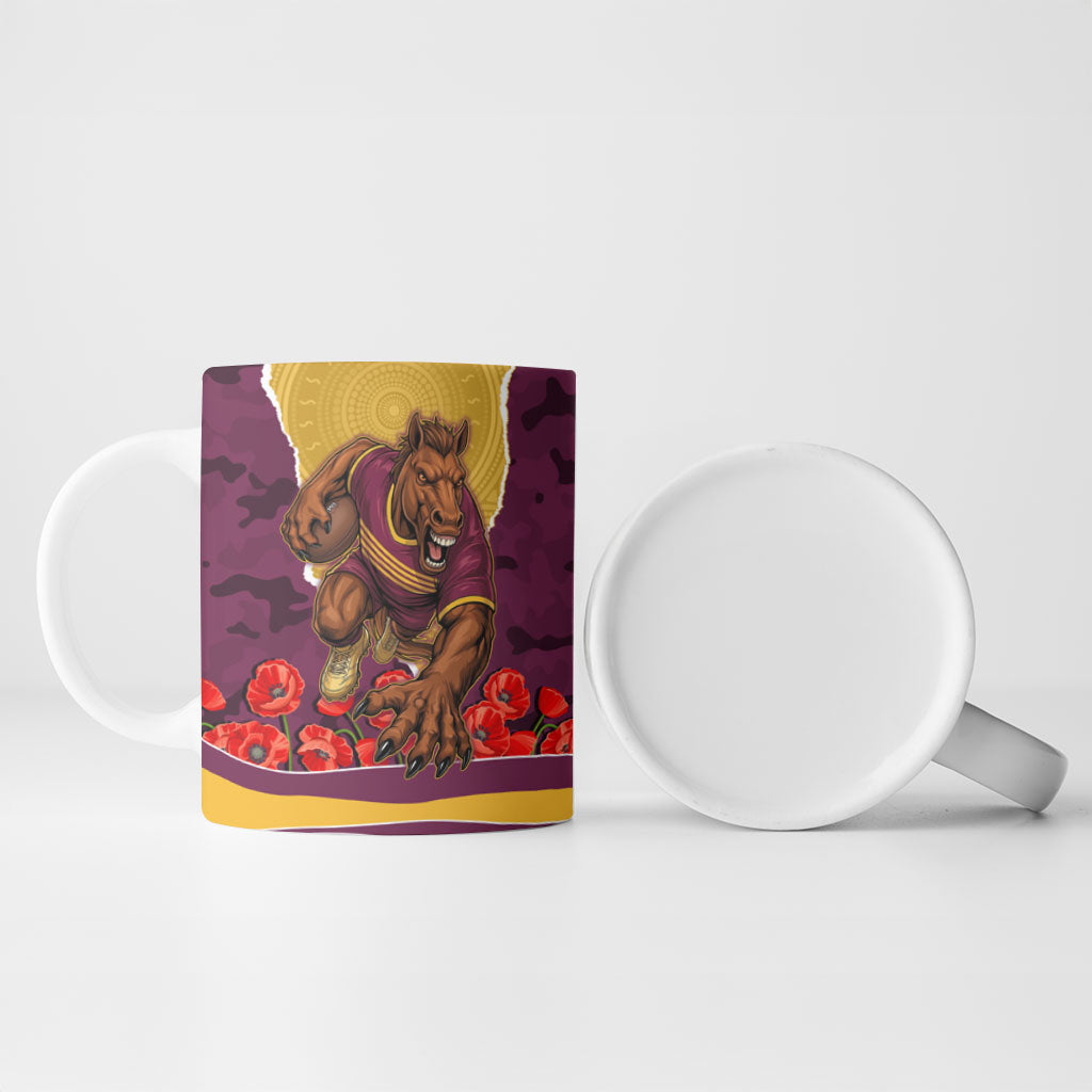 Personalized Brisbane Broncos ANZAC Tribute Ceramic Mug Poppy Field Soldier Silhouette Aboriginal Rugby Mascot
