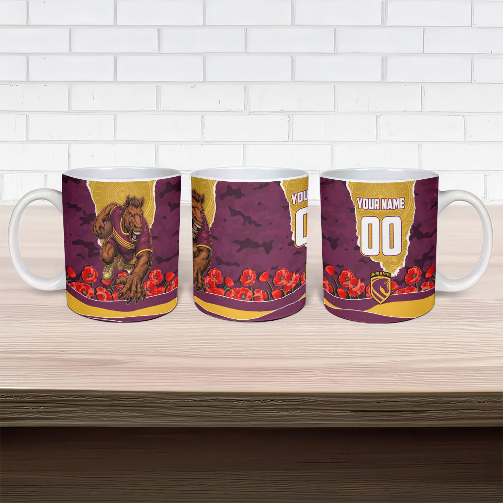 Personalized Brisbane Broncos ANZAC Tribute Ceramic Mug Poppy Field Soldier Silhouette Aboriginal Rugby Mascot