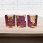 Personalized Brisbane Broncos ANZAC Tribute Ceramic Mug Poppy Field Soldier Silhouette Aboriginal Rugby Mascot