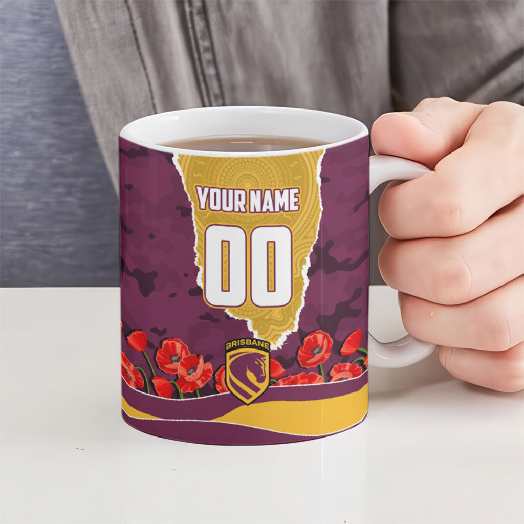 Personalized Brisbane Broncos ANZAC Tribute Ceramic Mug Poppy Field Soldier Silhouette Aboriginal Rugby Mascot