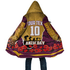 Personalized Brisbane Broncos ANZAC Tribute Cloak Poppy Field Soldier Silhouette Aboriginal Rugby Mascot