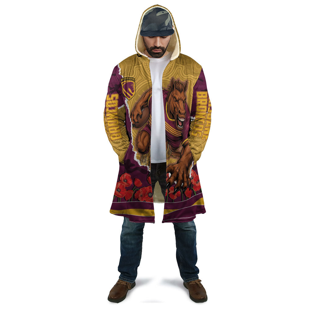 Personalized Brisbane Broncos ANZAC Tribute Cloak Poppy Field Soldier Silhouette Aboriginal Rugby Mascot
