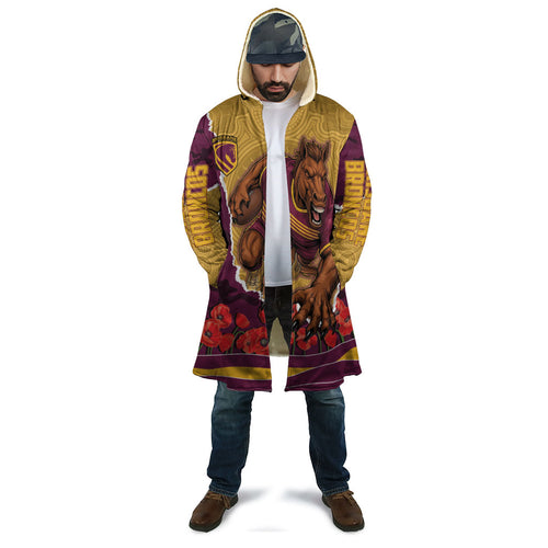 Personalized Brisbane Broncos ANZAC Tribute Cloak Poppy Field Soldier Silhouette Aboriginal Rugby Mascot
