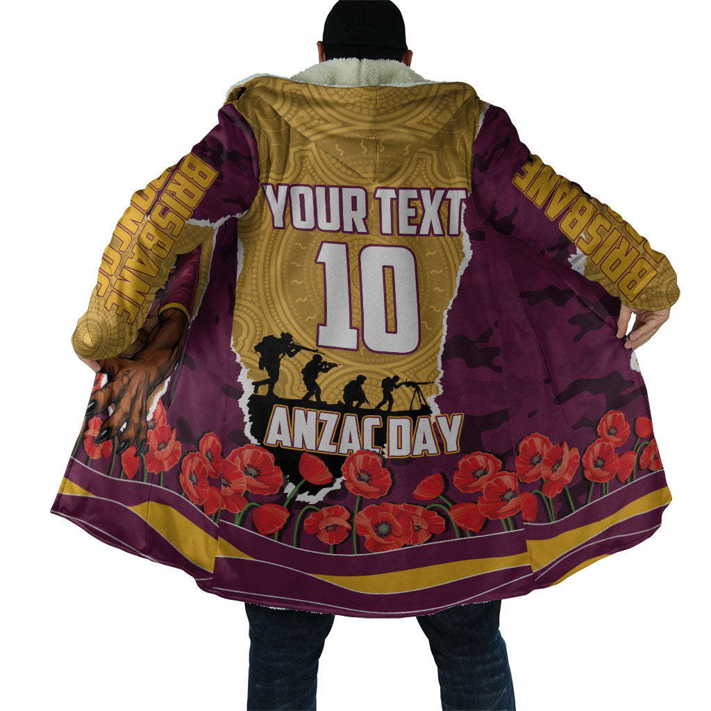 Personalized Brisbane Broncos ANZAC Tribute Cloak Poppy Field Soldier Silhouette Aboriginal Rugby Mascot