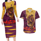 Personalized Brisbane Broncos ANZAC Tribute Couples Matching Long Sleeve Bodycon Dress and Hawaiian Shirt Poppy Field Soldier Silhouette Aboriginal Rugby Mascot