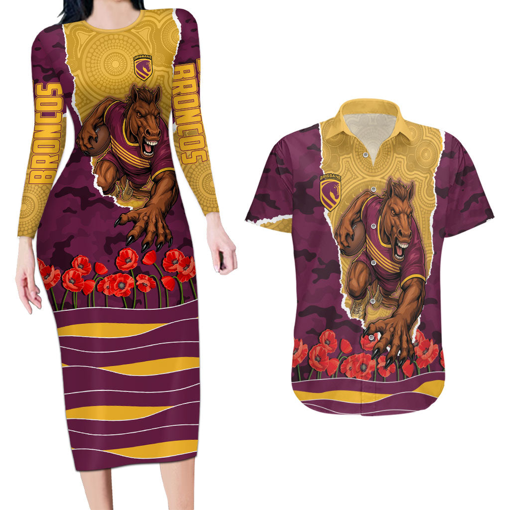Personalized Brisbane Broncos ANZAC Tribute Couples Matching Long Sleeve Bodycon Dress and Hawaiian Shirt Poppy Field Soldier Silhouette Aboriginal Rugby Mascot