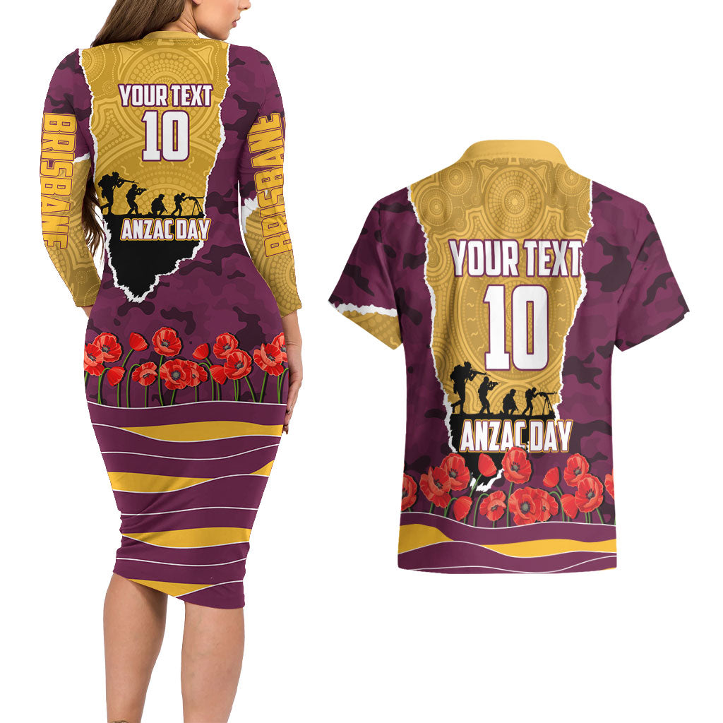 Personalized Brisbane Broncos ANZAC Tribute Couples Matching Long Sleeve Bodycon Dress and Hawaiian Shirt Poppy Field Soldier Silhouette Aboriginal Rugby Mascot