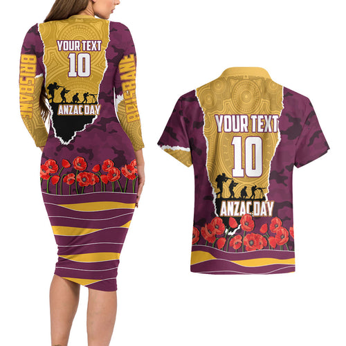 Personalized Brisbane Broncos ANZAC Tribute Couples Matching Long Sleeve Bodycon Dress and Hawaiian Shirt Poppy Field Soldier Silhouette Aboriginal Rugby Mascot